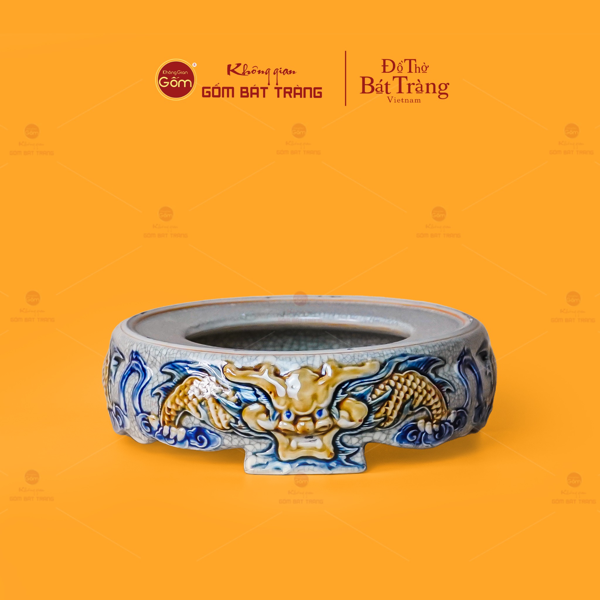 Đế Bát Hương Thờ Men Rạn Họa Tiết Song Long Chầu Nguyệt