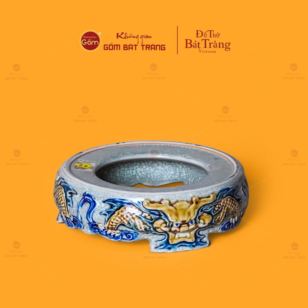 Đế Bát Hương Thờ Men Rạn Họa Tiết Song Long Chầu Nguyệt