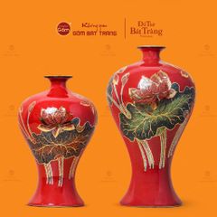 Lọ Hoa Dáng Mai Bình Men Đỏ Hoa Sen Vẽ Vàng