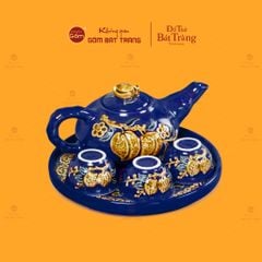 Bộ Ấm 3 Chén Thờ Men Ngọc Hoàng Tộc Hoạ Tiết Cành Đào
