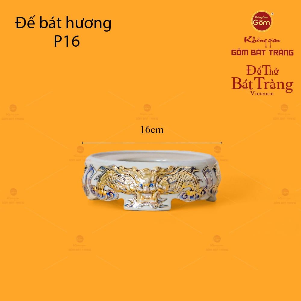 Đế Bát Hương Men Hoàng Tộc Vẽ Vàng Họa Tiết Song Long Chầu Nguyệt