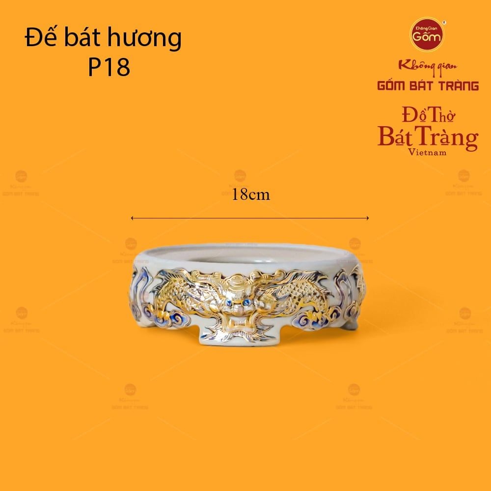 Đế Bát Hương Men Hoàng Tộc Vẽ Vàng Họa Tiết Song Long Chầu Nguyệt