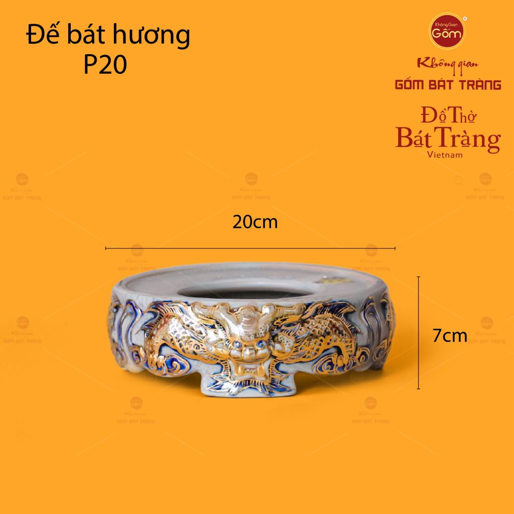 Đế Bát Hương Song Long Chầu Nguyệt Men Rạn Vẽ Vàng