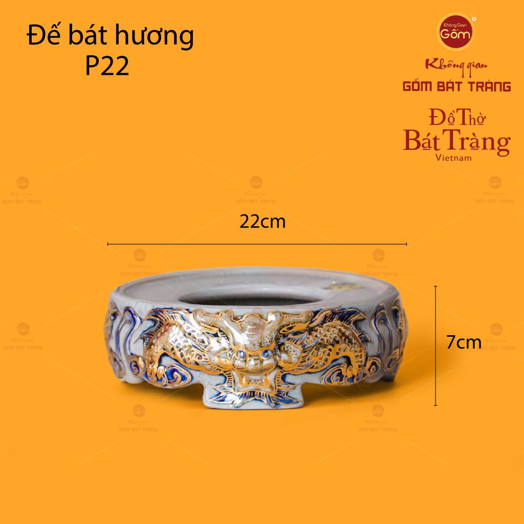 Đế Bát Hương Song Long Chầu Nguyệt Men Rạn Vẽ Vàng