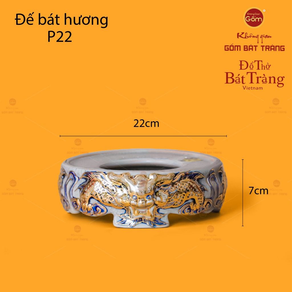 Bát Hương Song Long Chầu Nguyệt Men Rạn Vẽ Vàng