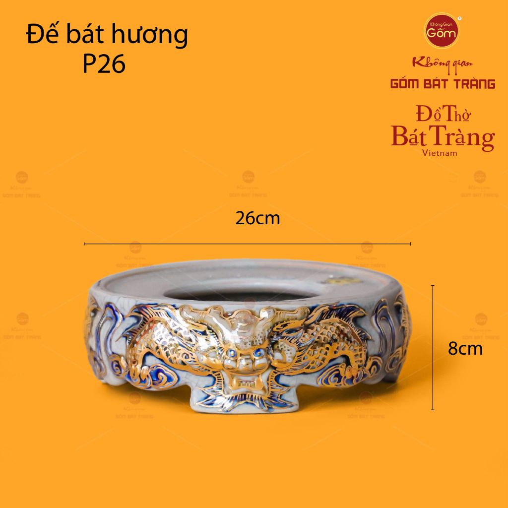 Đế Bát Hương Song Long Chầu Nguyệt Men Rạn Vẽ Vàng