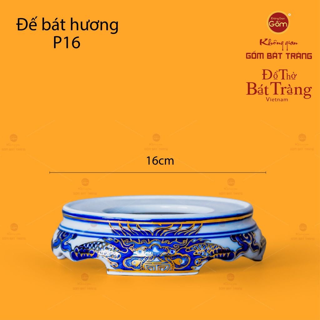 Đế Bát Hương Men Lam Nổi Song Long Chầu Nguyệt Vẽ Vàng