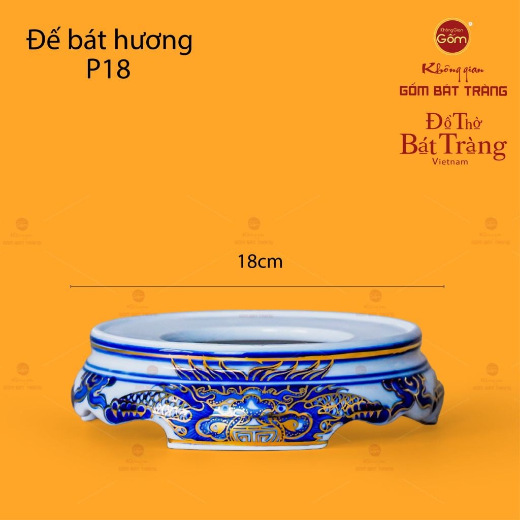 Đế Bát Hương Men Lam Nổi Song Long Chầu Nguyệt Vẽ Vàng