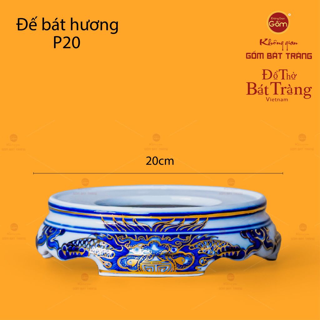 Đế Bát Hương Men Lam Nổi Song Long Chầu Nguyệt Vẽ Vàng