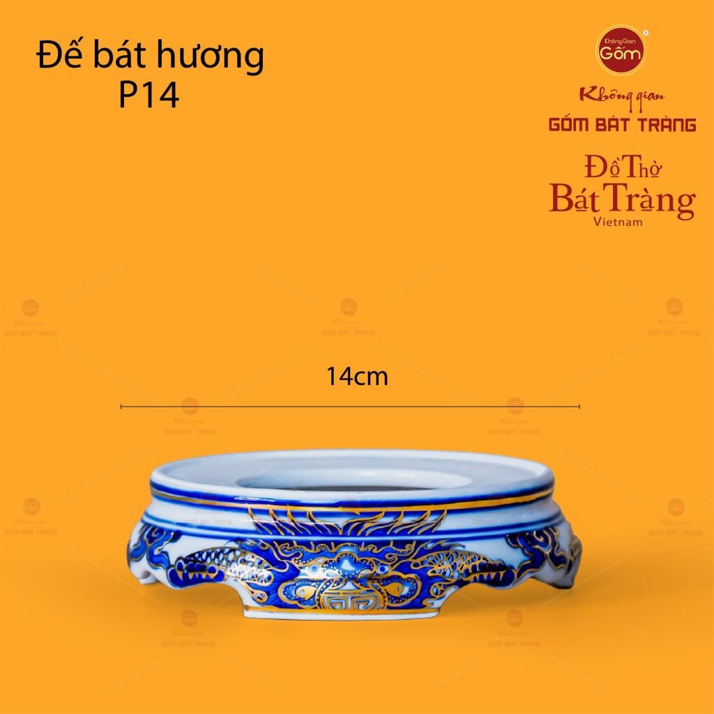 Đế Bát Hương Men Lam Nổi Song Long Chầu Nguyệt Vẽ Vàng