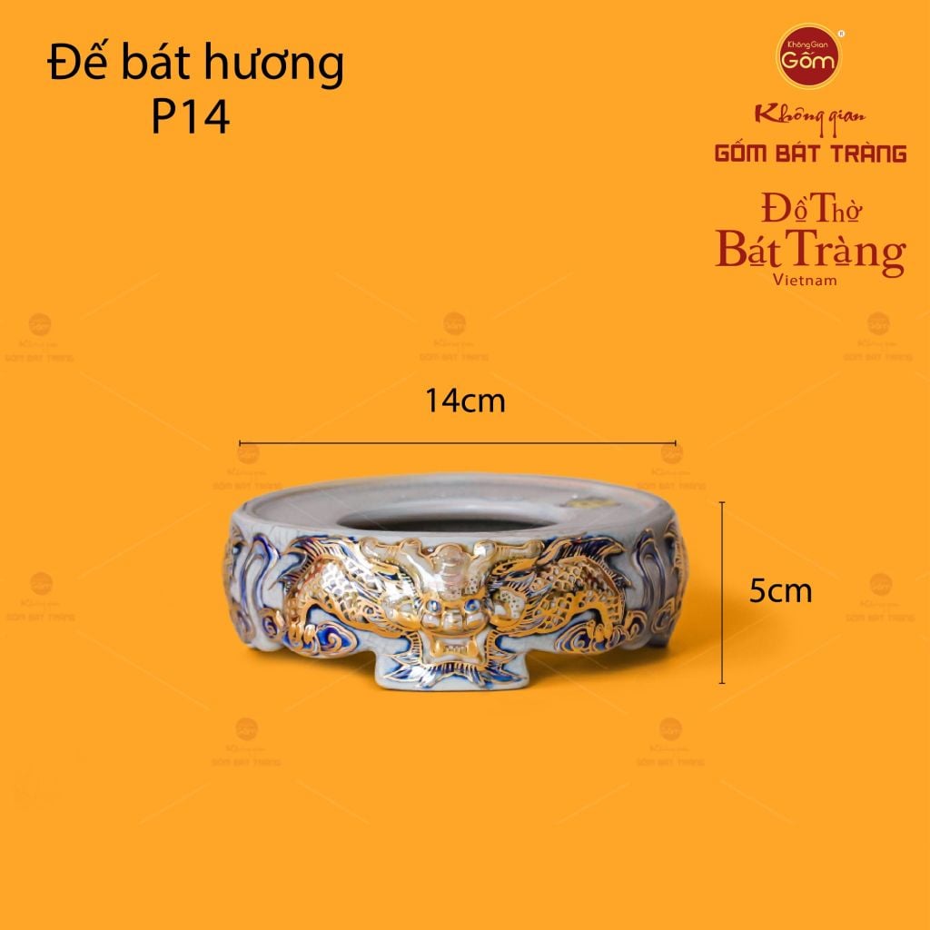 Đế Bát Hương Song Long Chầu Nguyệt Men Rạn Vẽ Vàng