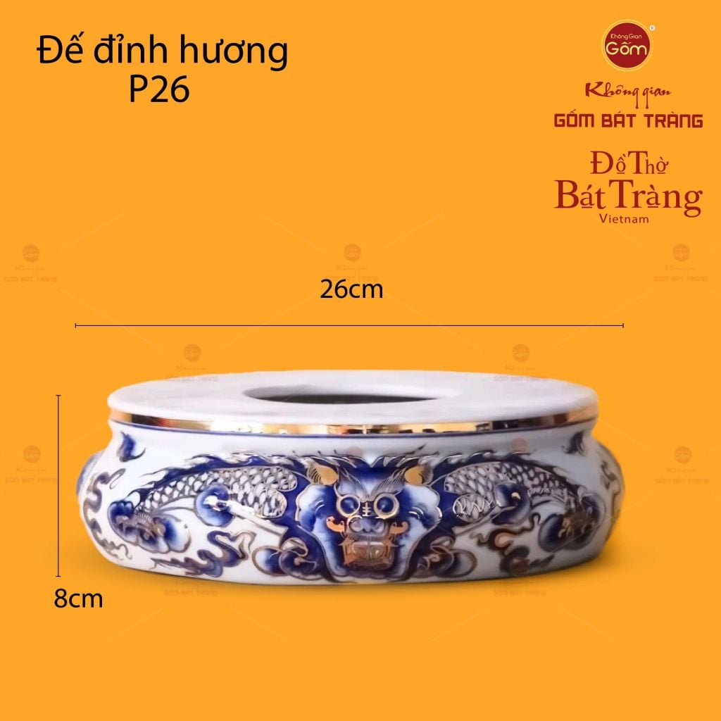 Đế Đỉnh Hương Thờ Men Lam Vẽ Vàng Vẽ Rồng