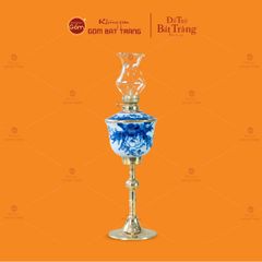 Đèn Dầu Thờ Chân Đồng Dáng Bầu Men Lam Vẽ Sen