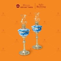 Đèn Dầu Thờ Chân Đồng Dáng Chén Men Lam Vẽ Sen