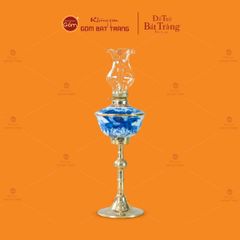 Đèn Dầu Thờ Chân Đồng Dáng Chén Men Lam Vẽ Sen