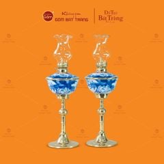 Đèn Dầu Thờ Chân Đồng Dáng Chén Men Lam Vẽ Sen