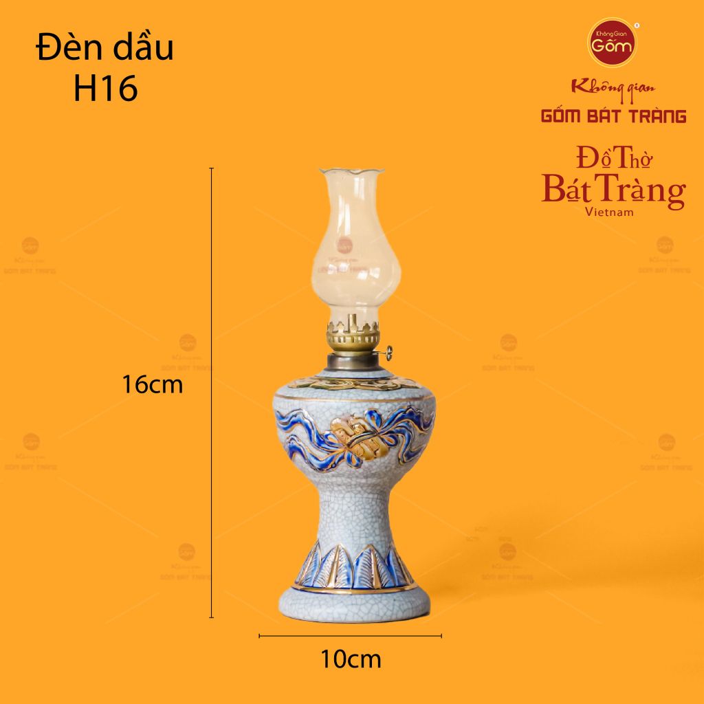 Đèn Dầu Thờ Cuốn Thư Men Rạn Vẽ Vàng