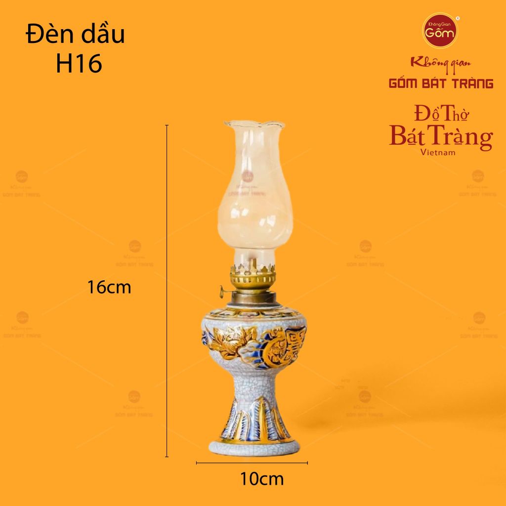 Đèn Dầu Thờ Hoa Sen Men Rạn Vẽ Vàng