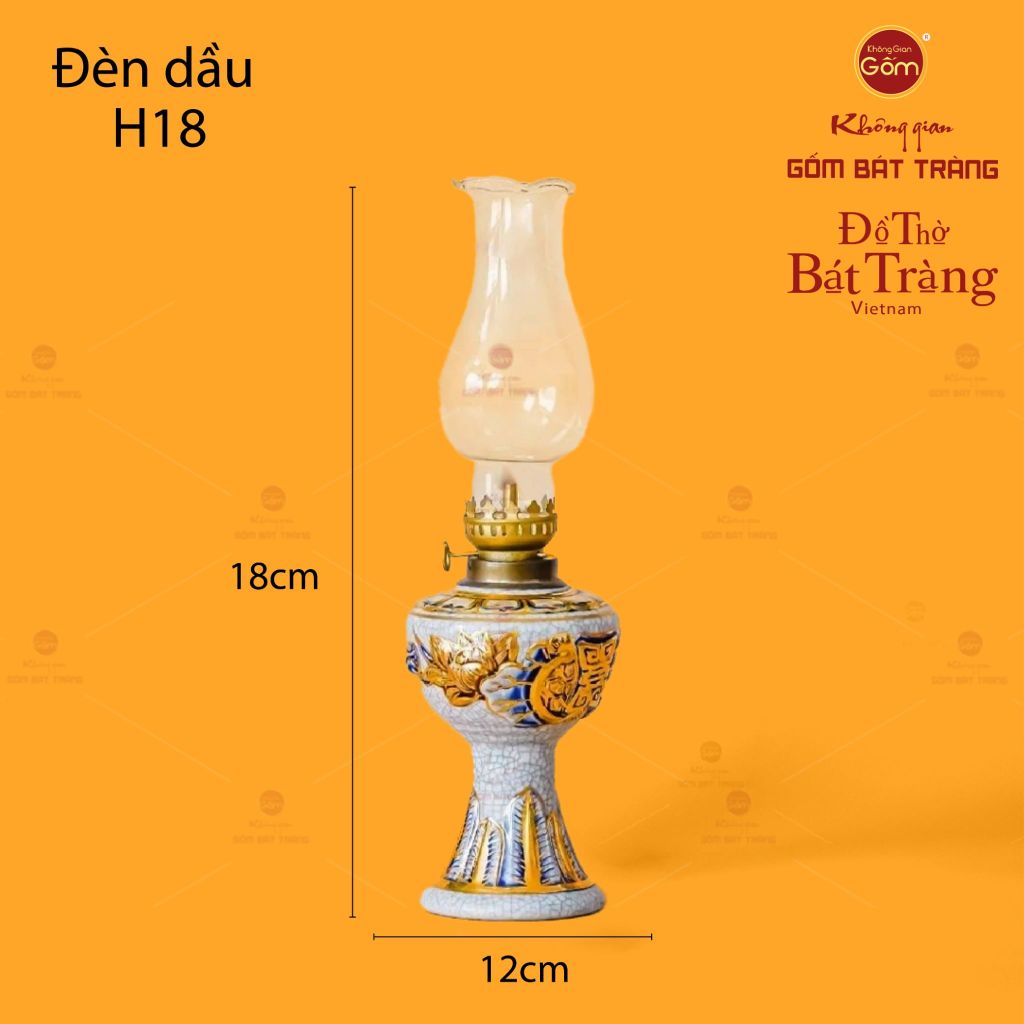 Đèn Dầu Thờ Hoa Sen Men Rạn Vẽ Vàng