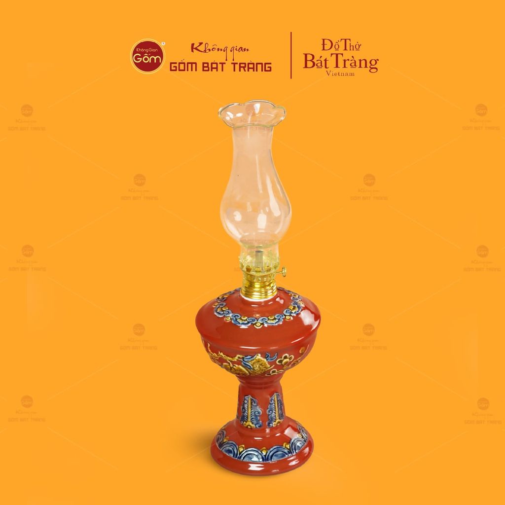 Đèn Dầu Thờ Men Đỏ Họa Tiết Cành Đào