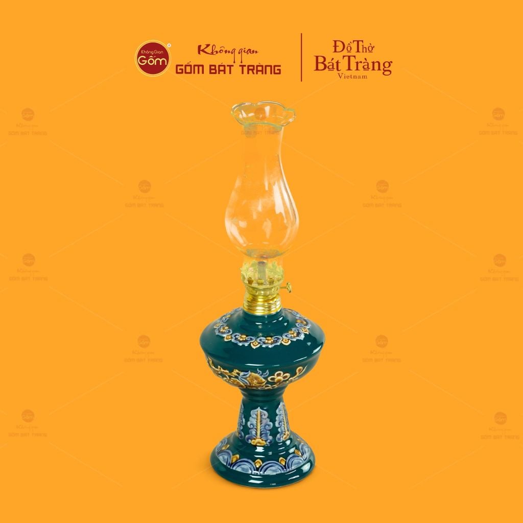 Đèn Dầu Thờ Men Lục Họa Tiết Cành Đào