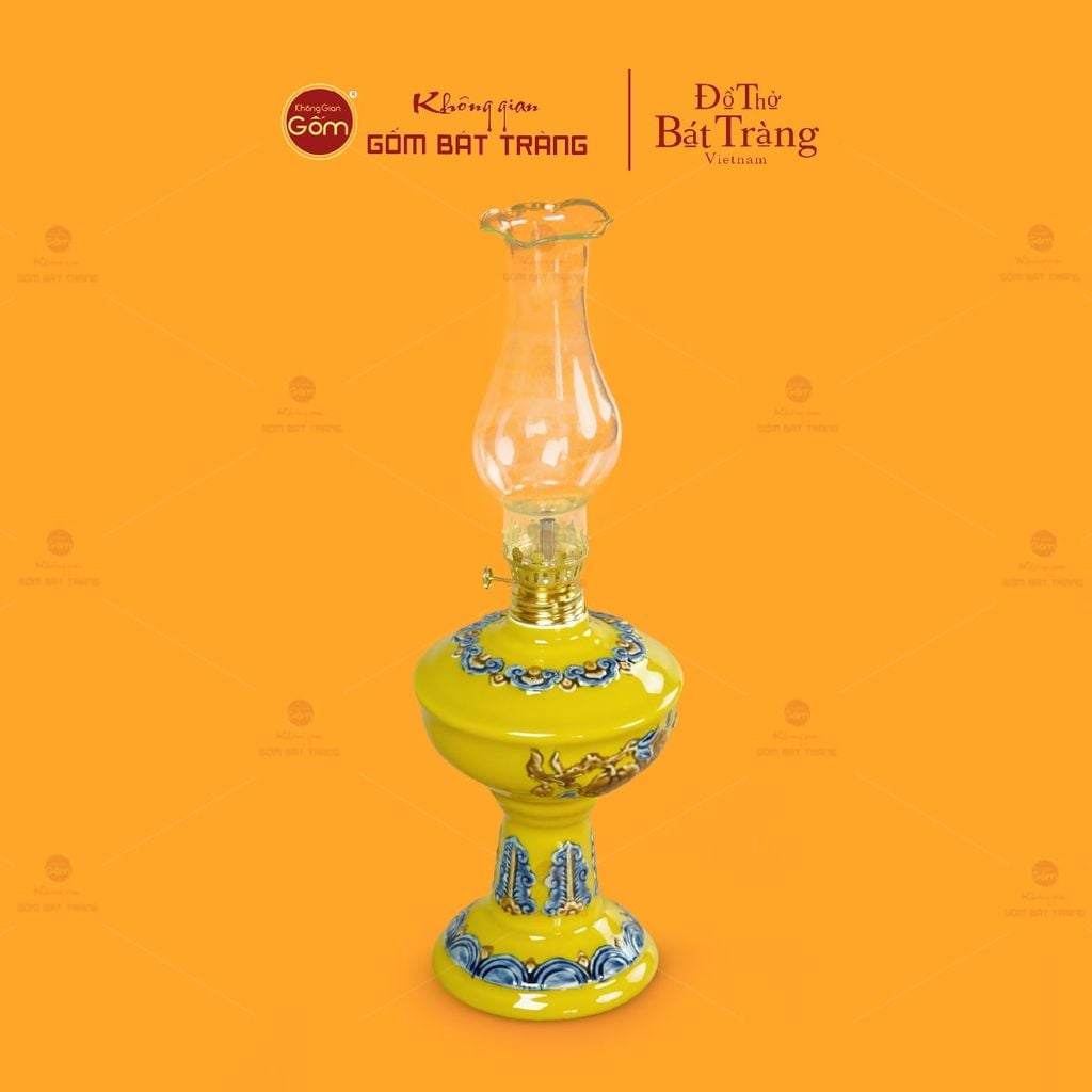 Đèn Dầu Thờ Men Vàng Họa Tiết Cành Đào