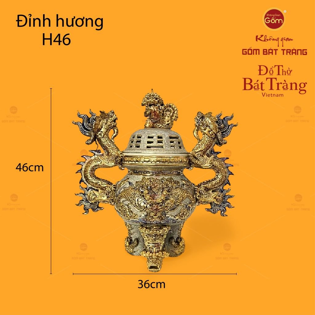 Đỉnh Hương Thờ Men Rạn Vẽ Vàng