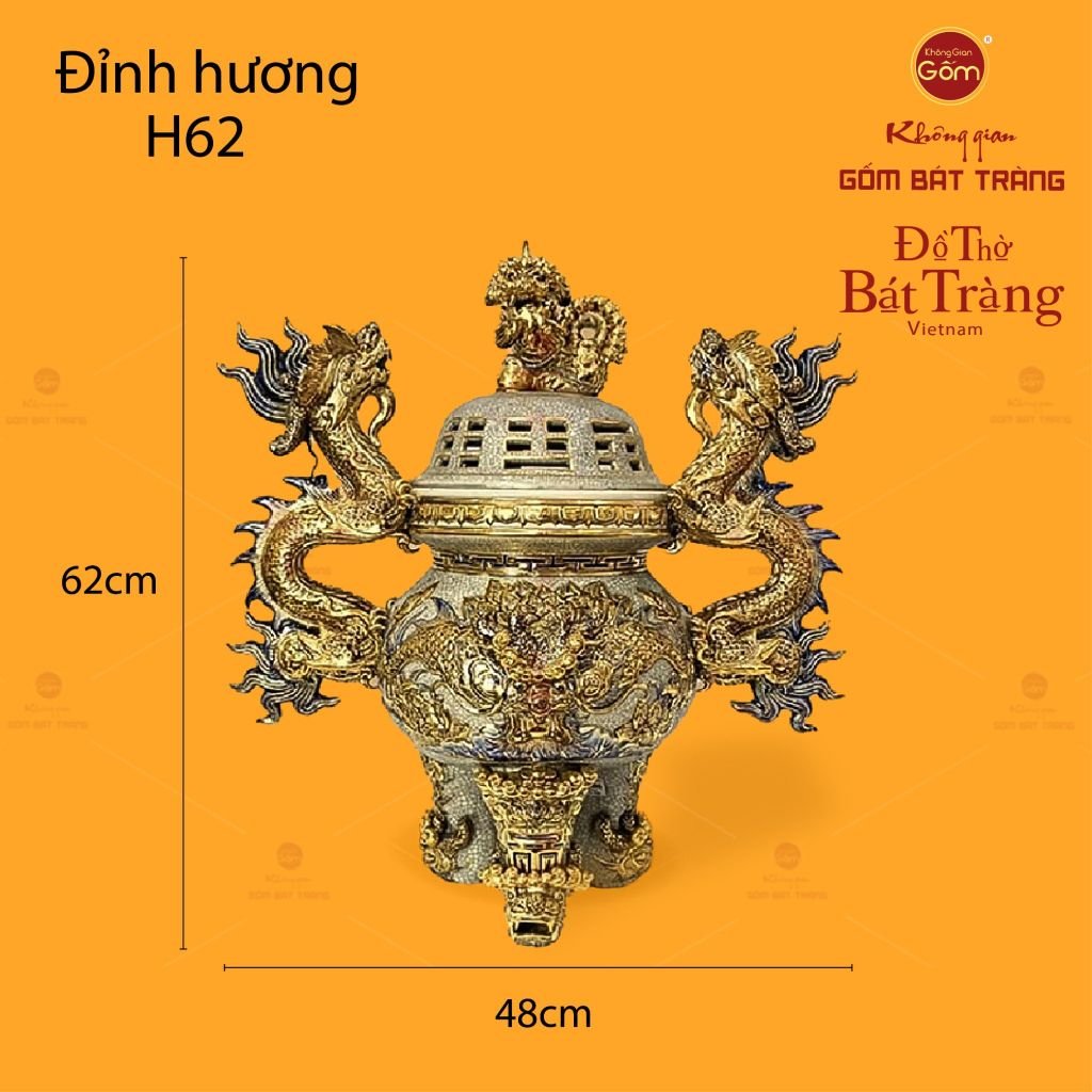 Đỉnh Hương Thờ Men Rạn Vẽ Vàng