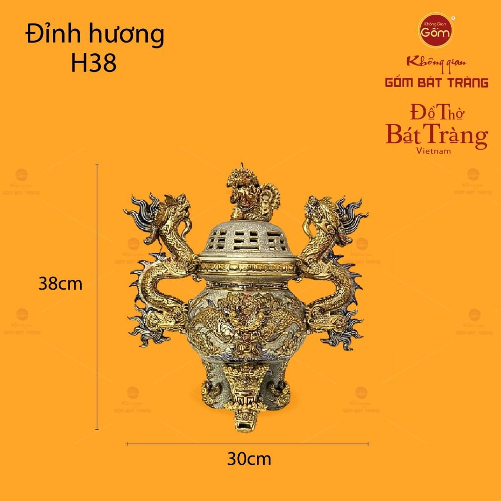 Đỉnh Hương Thờ Men Rạn Vẽ Vàng