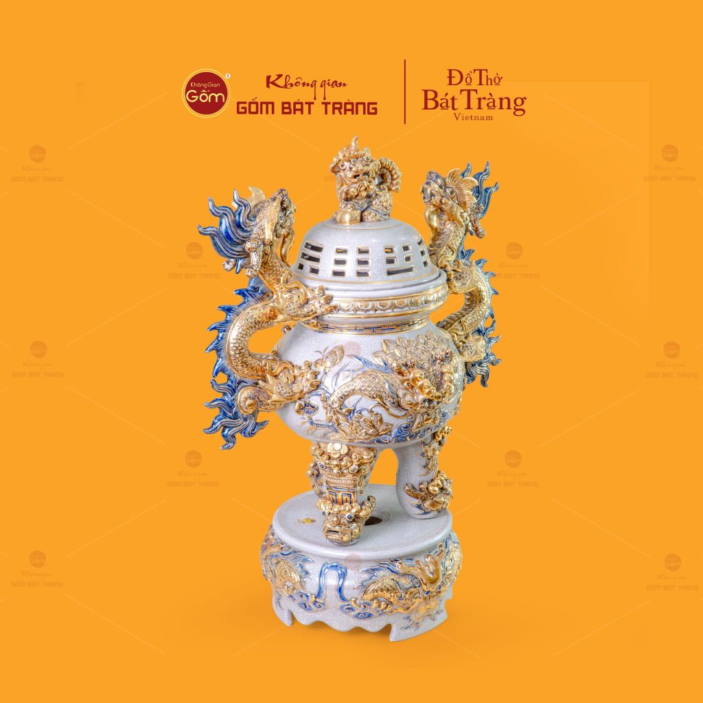 Đỉnh Hương Thờ Men Rạn Vẽ Vàng