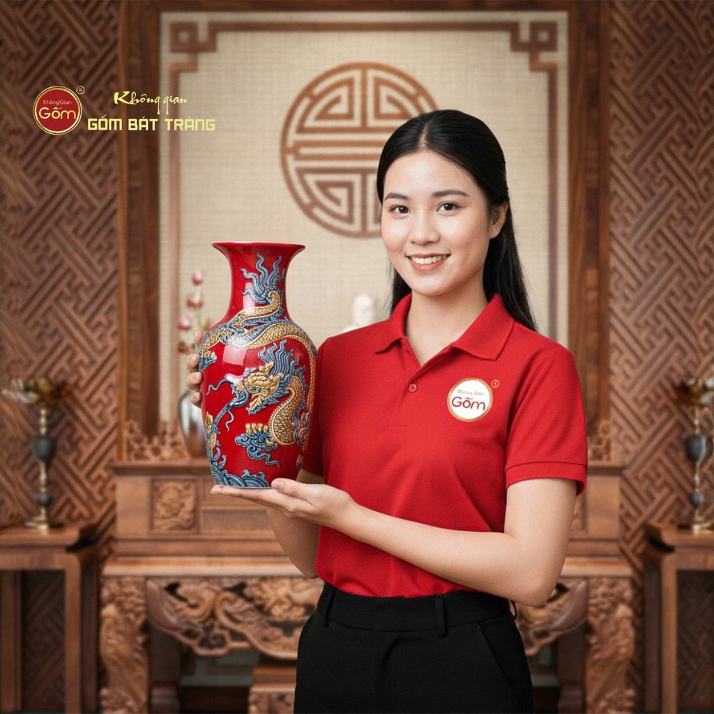 Lọ Hoa Thờ Men Đỏ Họa Tiết Cá Chép Hóa Rồng