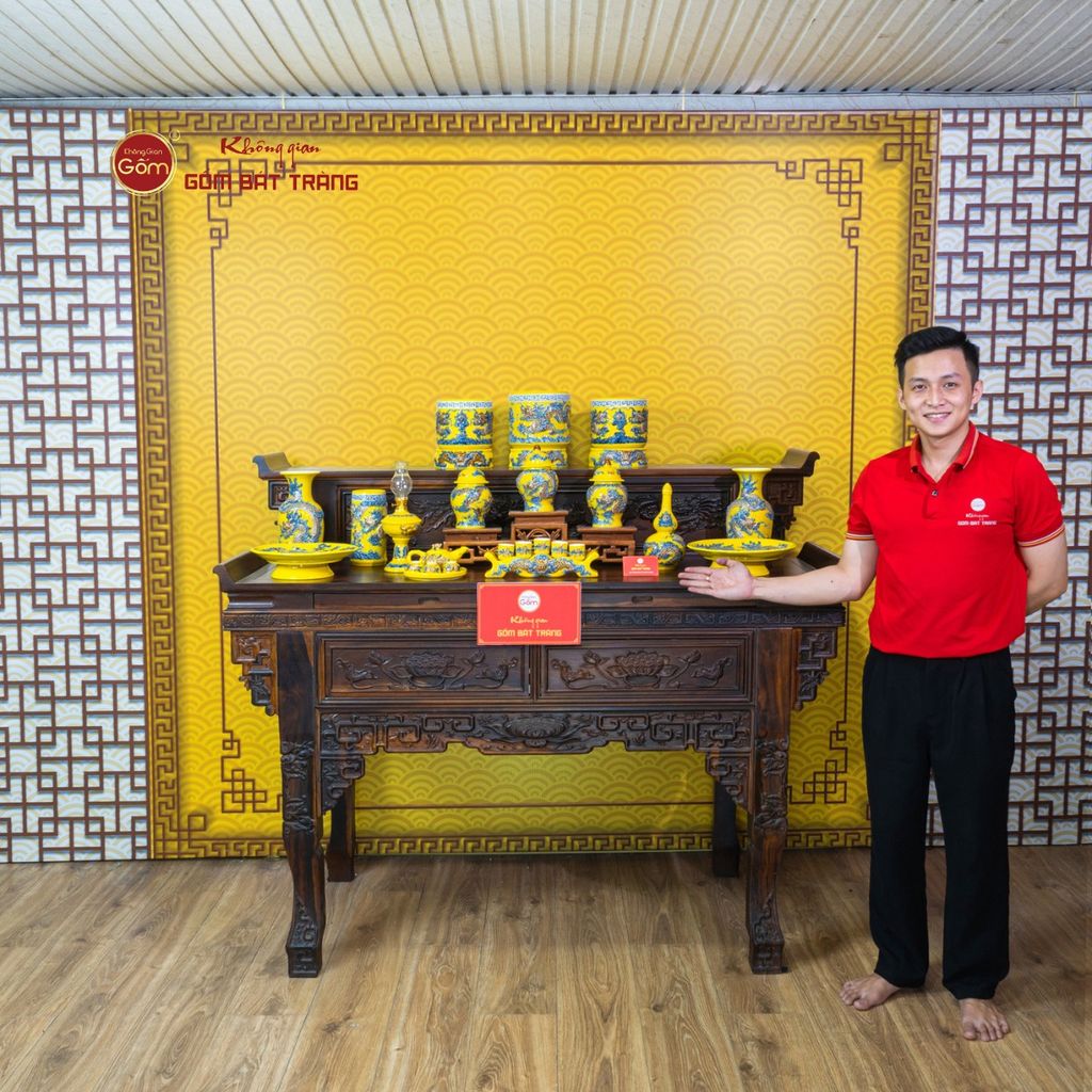 Bộ Đồ Thờ Gia Tiên (Cơ Bản 15 Món) Men Vàng