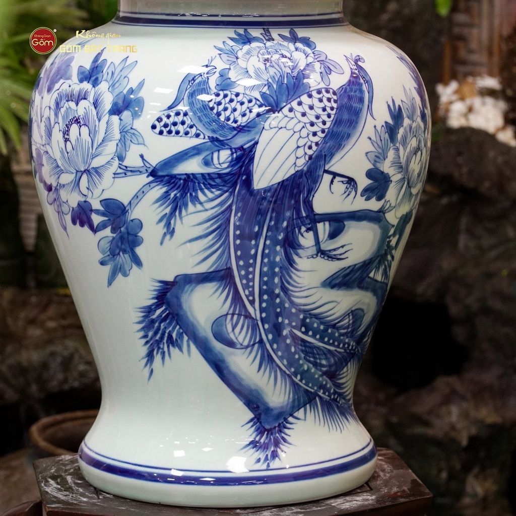 Chóe Men Lam Họa Tiết Chim Trĩ Mẫu Đơn