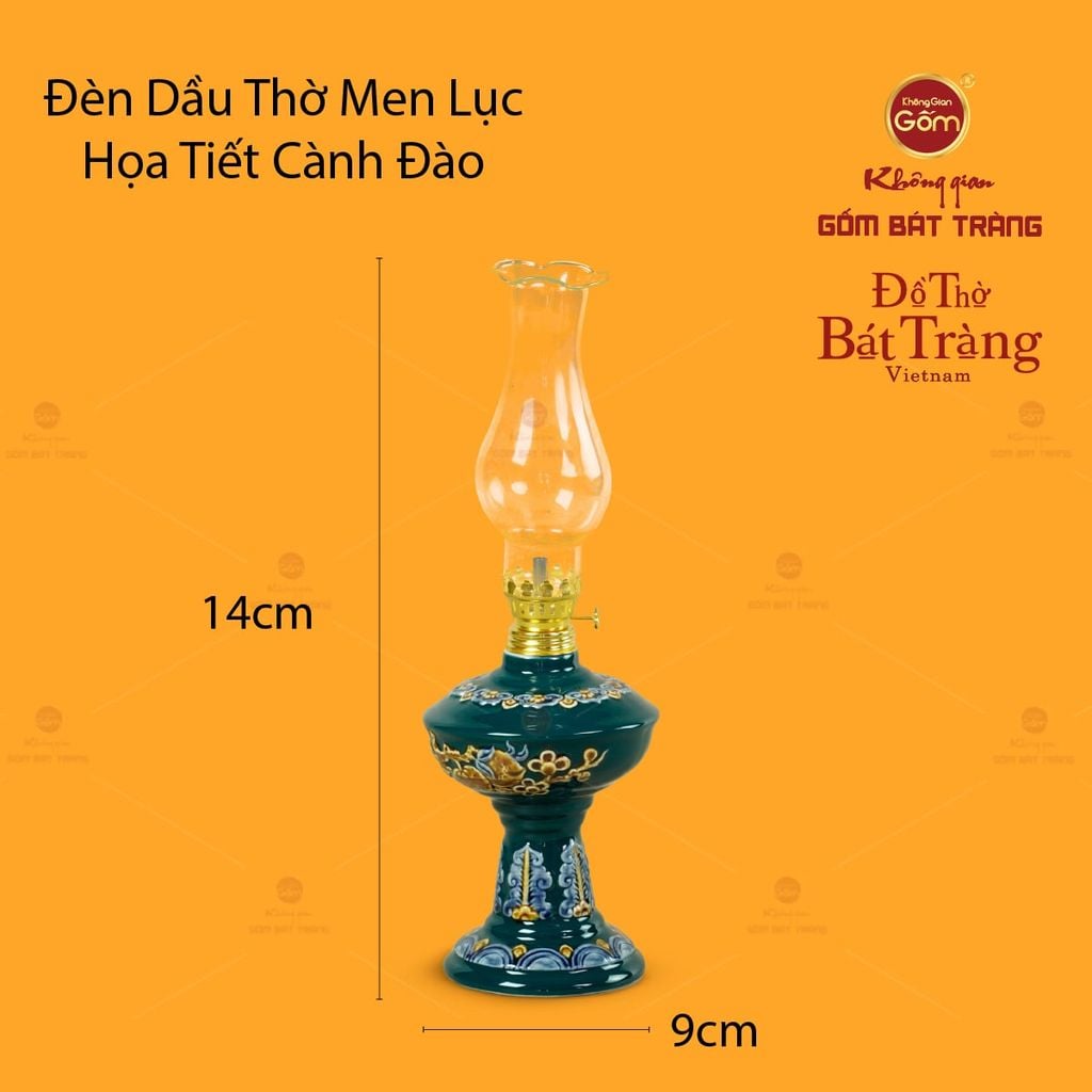 Đèn Dầu Thờ Men Lục Họa Tiết Cành Đào