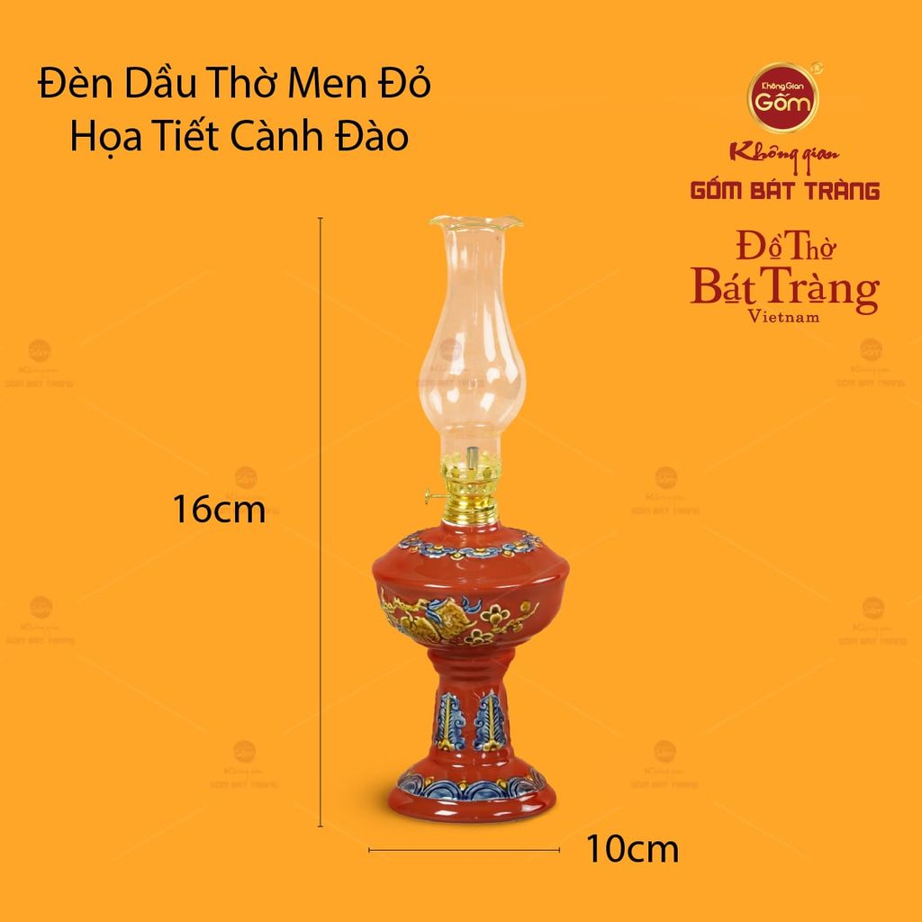 Đèn Dầu Thờ Men Đỏ Họa Tiết Cành Đào