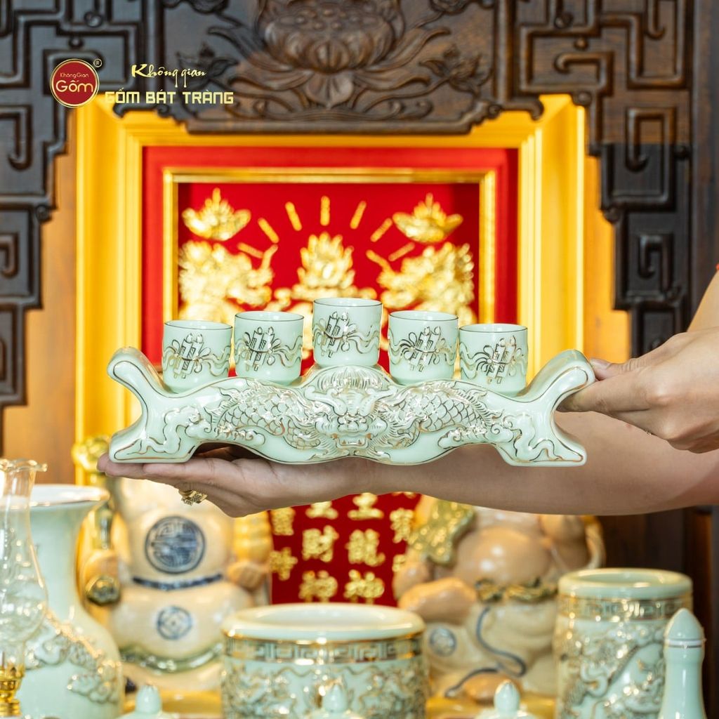 Bộ Đồ Thờ Thần Tài Thổ Địa (Cao Cấp 11 Món) Men Hoàng Tộc Vẽ Vàng