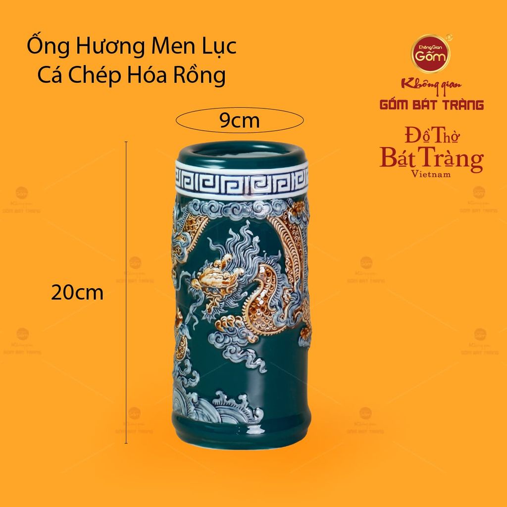 Ống Hương Thờ Men Lục Họa Tiết Cá Chép Hóa Rồng