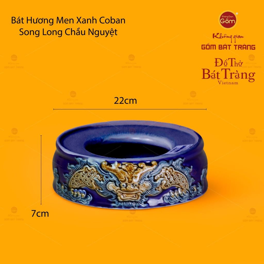 Bát Hương Thờ Men Xanh Coban Họa Tiết Song Long Chầu Nguyệt