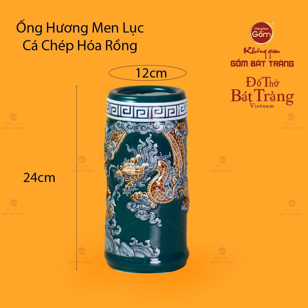 Ống Hương Thờ Men Lục Họa Tiết Cá Chép Hóa Rồng