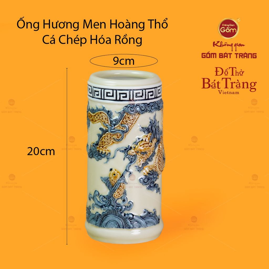 Ống Hương Thờ Men Hoàng Thổ Họa Tiết Cá Chép Hóa Rồng