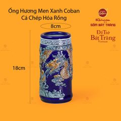 Ống Hương Thờ Men Xanh Coban Họa Tiết Cá Chép Hóa Rồng