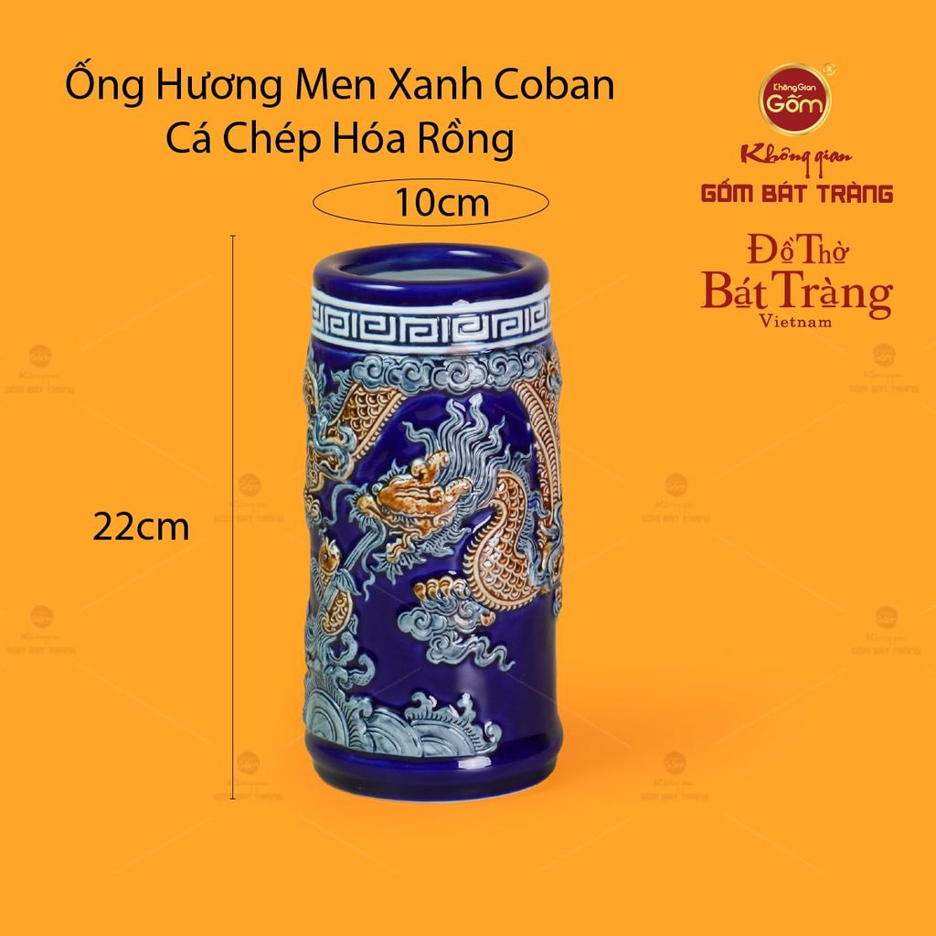 Ống Hương Thờ Men Xanh Coban Họa Tiết Cá Chép Hóa Rồng
