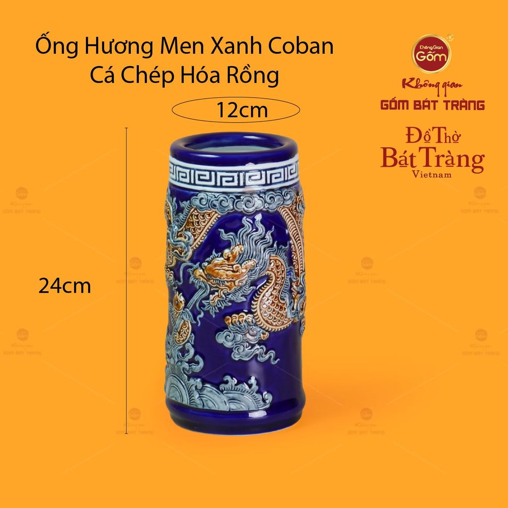 Ống Hương Thờ Men Xanh Coban Họa Tiết Cá Chép Hóa Rồng