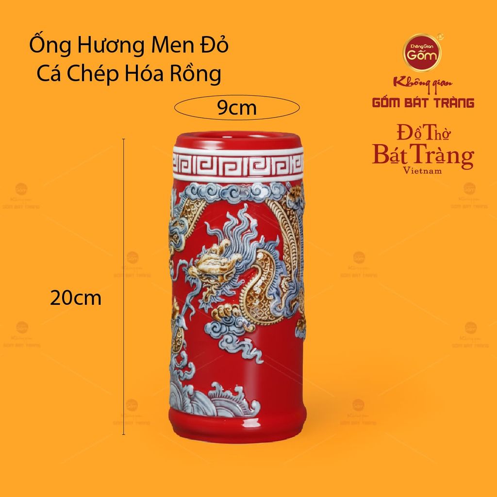 Ống Hương Thờ Men Đỏ Họa Tiết Cá Chép Hóa Rồng