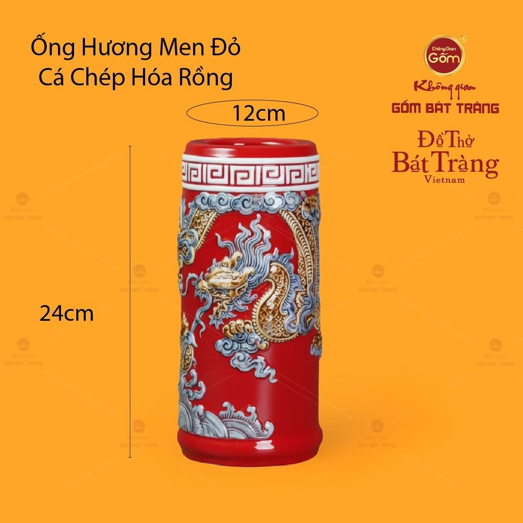 Ống Hương Thờ Men Đỏ Họa Tiết Cá Chép Hóa Rồng