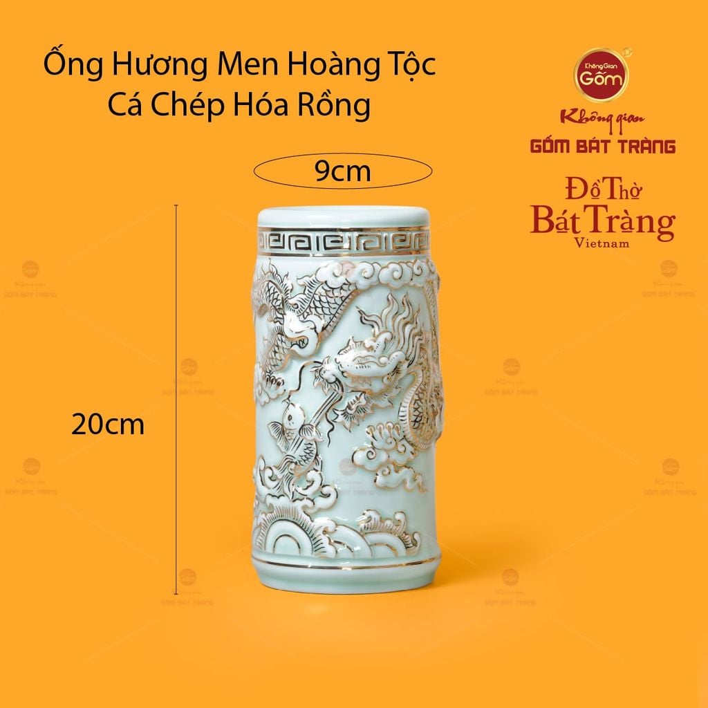 Ống Hương Thờ Men Ngọc Hoàng Tộc Cá Chép Hóa Rồng Vẽ Vàng