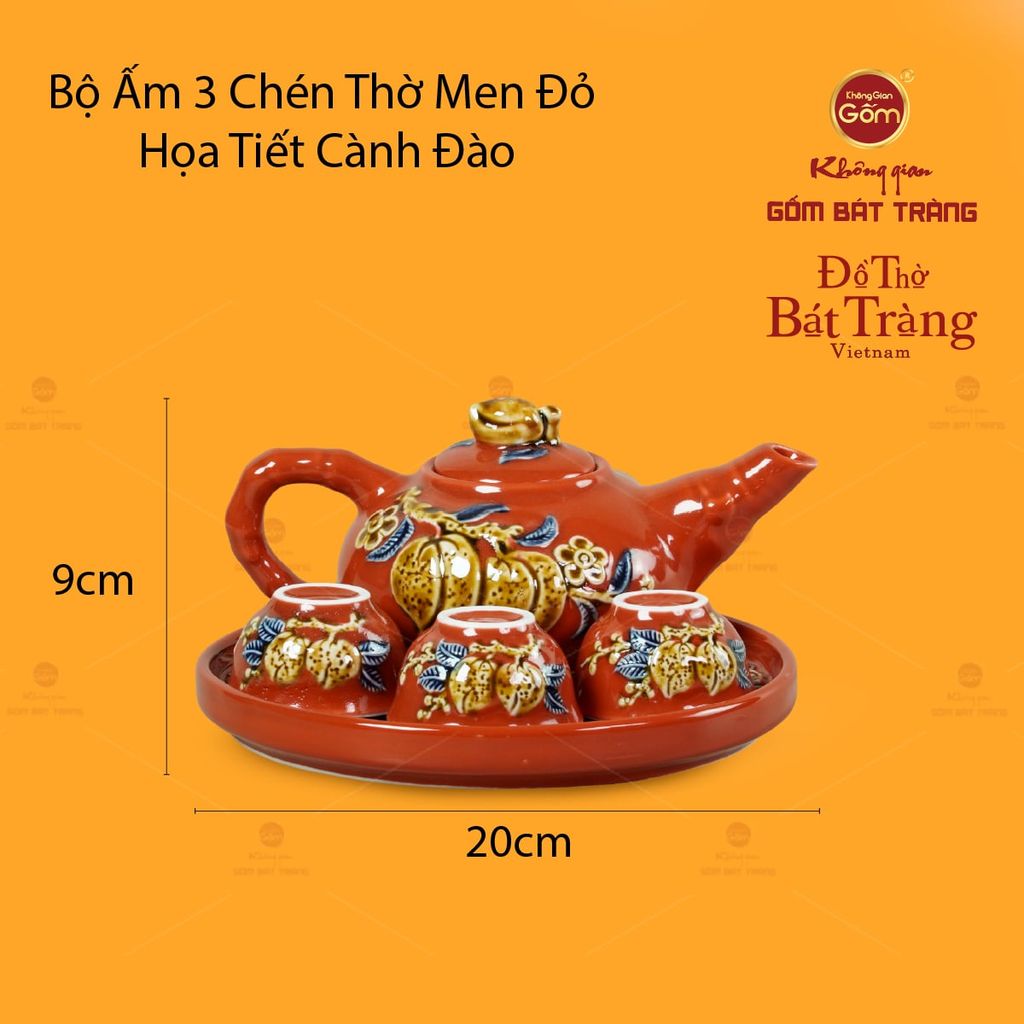 Bộ Ấm 3 Chén Thờ Men Đỏ Họa Tiết Cành Đào
