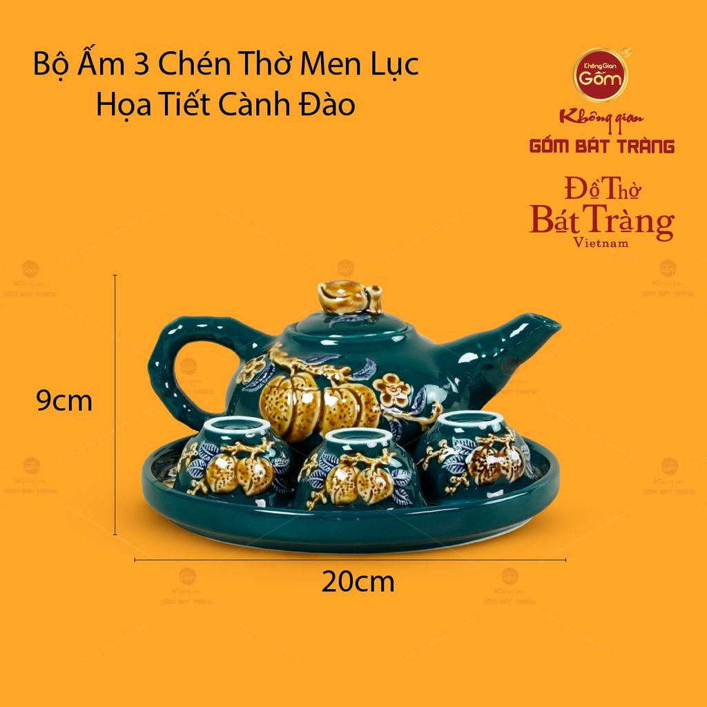 Bộ Ấm 3 Chén Thờ Men Lục Họa Tiết Cành Đào