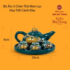 Bộ Ấm 3 Chén Thờ Men Lục Họa Tiết Cành Đào
