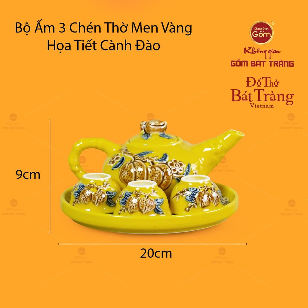 Bộ Ấm 3 Chén Thờ Men Vàng Họa Tiết Cành Đào